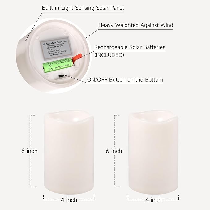 NURADA Large Outdoor Solar Candles Waterproof - 6" x 4" Rechargeable Solar Powered Flameless LED Pillar Flickering Candle for Patio Porch Lanterns Decor - Ivory White Set of 2
