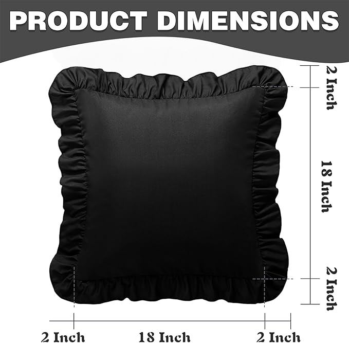 KKJIAF Ruffle Pillow Cases 18x18 Inches, Black Square Ruffled Pillow Covers Set of 2, Microfiber Wrinkle Resistant Pillow Shams with Envelope Closure for Sofa Bed Living Room