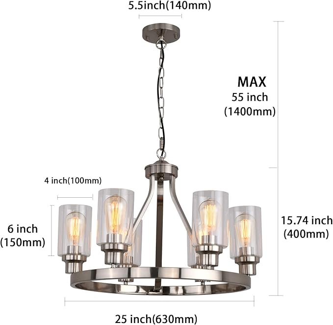Dining Room Lighting Fixtures Hanging Brushed Nickel Kitchen Modern Chandelier Over Tables 6 Light with Glass Pendant Light for Dining Room Living Bedroom