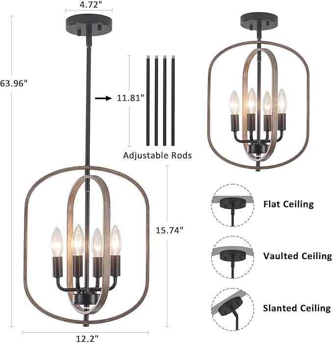 Modern Farmhouse Chandeliers for Dining Room Light Fixture 4 Light Adjustable Pendant Lights Kitchen Island Faux Wood Rustic Hanging Small Kitchen Chandelier for Entryway Living Room Foyer Hallway