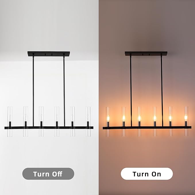 Untrammelife Modern 6-Light Linear Chandelier in Coal Black Finish 36" Farmhouse Rectangle Dining Room Light with Clear Glass Shade Linear Island Pendant Light for Kitchen Island Bedroom