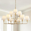 Gold Chandeliers for Dining Room with White Fabric Shades,33”Light Fixture Chandelier,9-Lights foyer chandeliers for high ceilings,2 Tiered Lantern Farmhouse Pendant Light for Living Room,Entryway