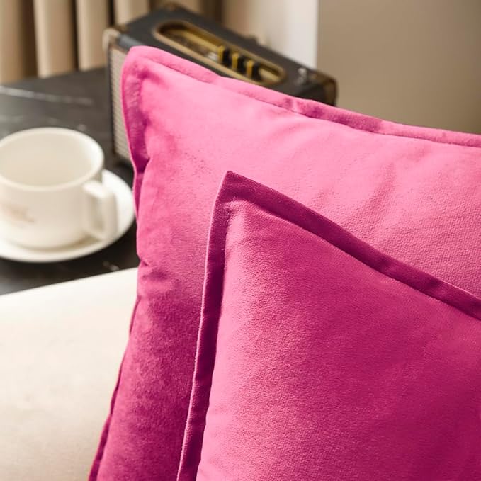 VAKADO Throw Pillow Covers 20x20 Set of 2 Hot Pink Velvet Decor Decorative Couch Cushion Euro Pillowcases with Fringe Home Bed Decoration for Sofa Bedroom Office