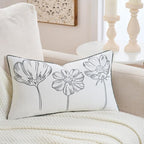 Sunkifover Decorative Lumbar Pillow Cover 14x24 Inch Grey and White Cotton Embroidery Cute Flower Throw Pillowcase Cushion Cover for Bed Bedroom, Living Room, Sofa