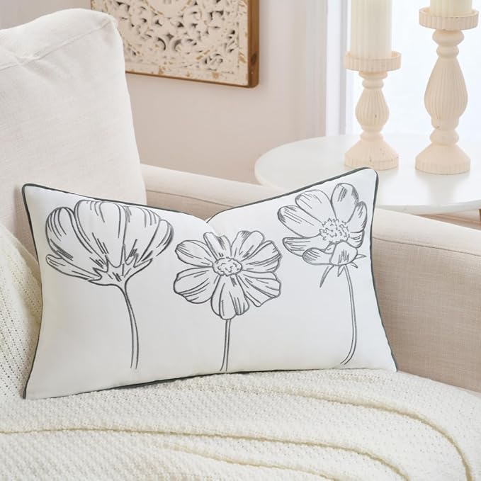 Sunkifover Decorative Lumbar Pillow Cover 14x24 Inch Grey and White Cotton Embroidery Cute Flower Throw Pillowcase Cushion Cover for Bed Bedroom, Living Room, Sofa