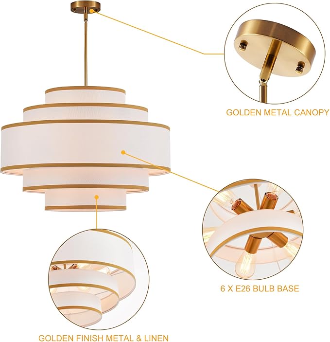 25.6" Gold Drum Chandelier with White Linen Lampshade 6-Light Modern Farmhouse Chandelier Light Fixture for Living Room, Dining Room, Kitchen Island, Entryway, Stairway