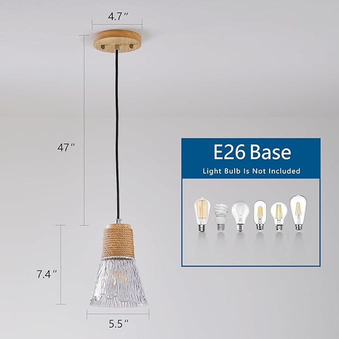 Pendant Light with Clear Striped Glass Lampshade, Hemp Rope Woven Vintage Pendant Light, Adjustable Height Hanging Chandelier Light for Dining Room Kitchen Hallway