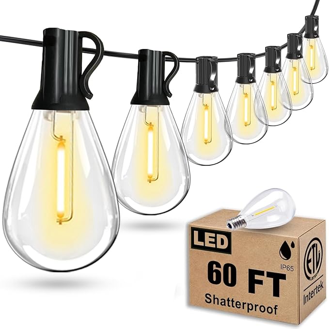 60FT Outdoor String Lights S11 LED Patio with 17 Plastic Bulbs(1 Spare),Waterproof Connectable Hanging Lights for Backyard Porch Balcony Party Decor