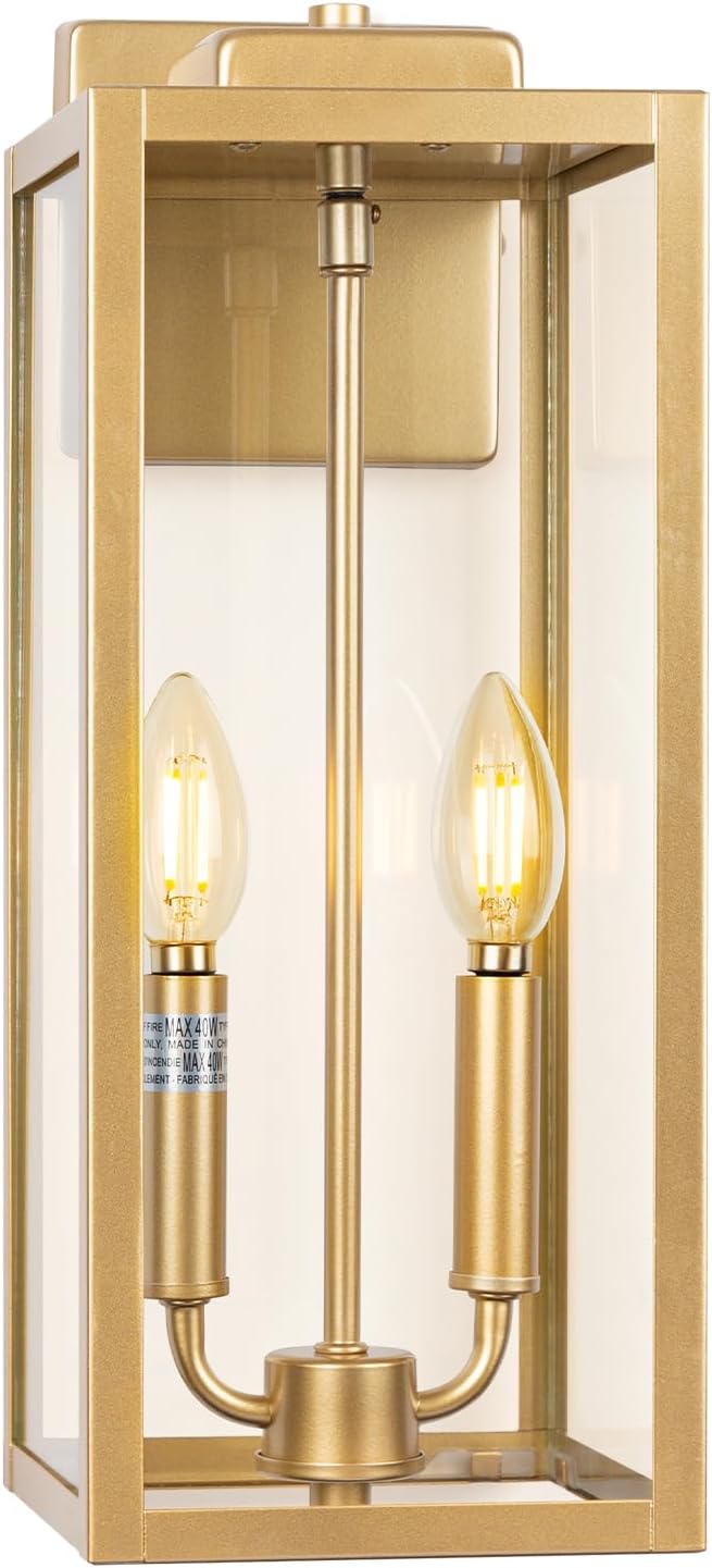 Gold 2-Light Large Outdoor Wall Lighting 16", Candle Light Square Outdoor Light Fixture IP65 Waterproof with Clear Tempered Glass Porch & Patio Light Brass Exterior Wall Sconce Lantern E12