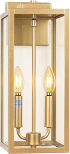 Gold 2-Light Large Outdoor Wall Lighting 16", Candle Light Square Outdoor Light Fixture IP65 Waterproof with Clear Tempered Glass Porch & Patio Light Brass Exterior Wall Sconce Lantern E12