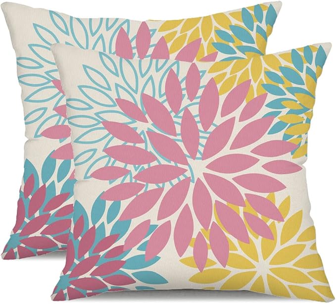 DFXSZ Pink Yellow Blue Flower Pillow Covers 20x20 Inch Set of 2 Outdoor Throw Pillows Outdoor Waterproof Decor for Living Room Sofa Patio Funiture Garden Floral Polyester Pillow Covers 012A20
