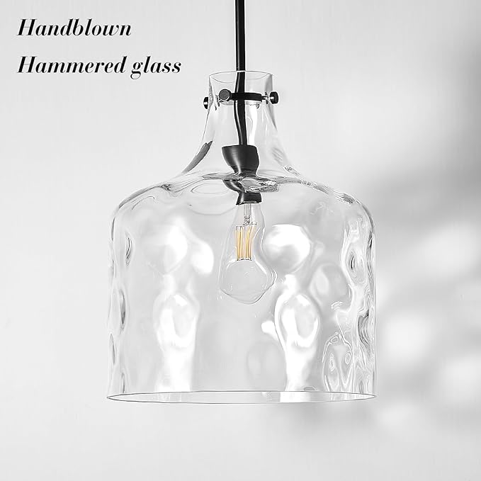 Extra Large 16" Vintage Farmhouse Pendant Light – Hand-Blown Clear Hammered Glass Shade, Adjustable Chain, Hanging Light for Kitchen Island, Dining Room, Hallway, Black Finish