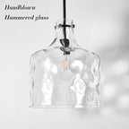 Extra Large 16" Vintage Farmhouse Pendant Light – Hand-Blown Clear Hammered Glass Shade, Adjustable Chain, Hanging Light for Kitchen Island, Dining Room, Hallway, Black Finish
