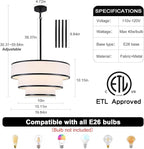 19.8'' Drum Chandelier for Dining Room Light Fixtures 5-Light White Fabric Pendant Light Fixture, Modern Farmhouse 3-Tier Black Chandelier for Living Room Bedroom Entryway Staircase