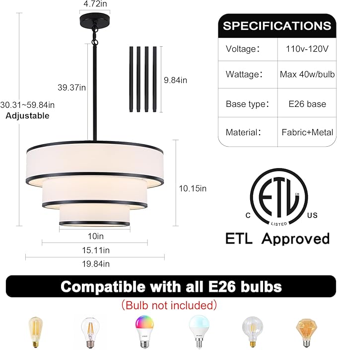 19.8'' Drum Chandelier for Dining Room Light Fixtures 5-Light White Fabric Pendant Light Fixture, Modern Farmhouse 3-Tier Black Chandelier for Living Room Bedroom Entryway Staircase
