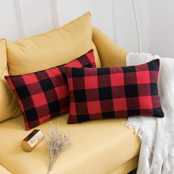 MIULEE Pack of 2 Christmas Classic Farmhouse Buffalo Check Plaids Polyester Linen Soft Solid Black and Red Decorative Porch Throw Pillow Covers Home Decor Cushion Case for Sofa Bedroom 12 x 20 Inch