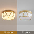 Modern Fabric Drum Ceiling Light, Flushmount Close to Ceiling Light Fixture for Living Room, Bedroom, Dining Room, Kitchen. D12 x 5in, Gold Finished Metal Frame, White Fabric Lampshade