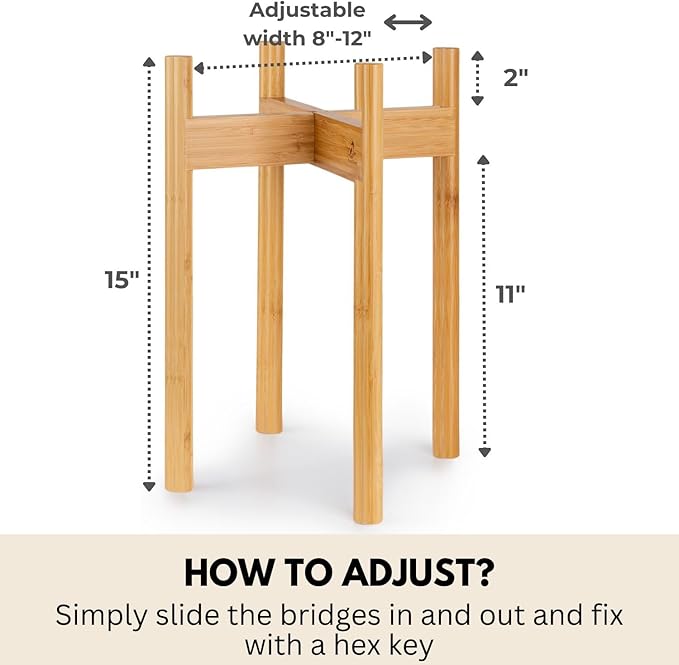 Fox & Fern Adjustable Tall Plant Stand Indoor — 8 to 12 Inch Premium Mid Century Bamboo Plant Stand with Adjustable Width; Plug In Design; Easy to Assemble; Two Heights - For 8, 9, 10, 11 & 12 In Pots