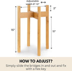 Fox & Fern Adjustable Tall Plant Stand Indoor — 8 to 12 Inch Premium Mid Century Bamboo Plant Stand with Adjustable Width; Plug In Design; Easy to Assemble; Two Heights - For 8, 9, 10, 11 & 12 In Pots
