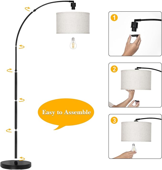 Black Arc Floor Lamps for Living Room,Modern Standing Lamp with Adjustable Drum Lampshade Tall Pole Lamp with Foot Switch Over Couch Arched Floor Light for Reading Bedroom 8W LED Bulb Included