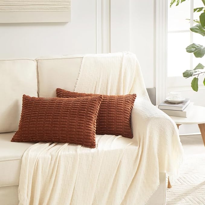 Fancy Homi Rust Decorative Throw Pillow Covers 14x24 Inch for Living Room Couch Bed Sofa, Rustic Farmhouse Boho Home Decor, Soft Striped Corduroy Rectangle Cushion Case 35x60 cm