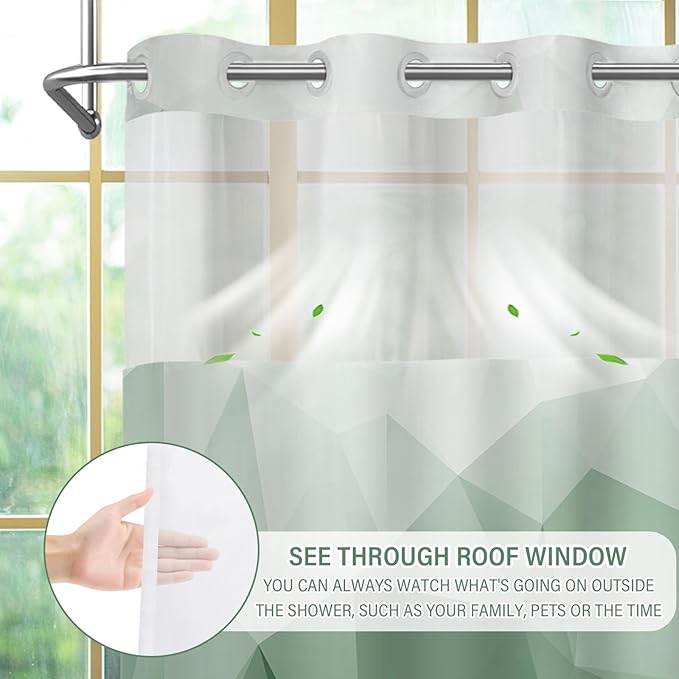No Hook Shower Curtain with Snap in Liner and Sheer Window, Green Modern Geometric Fabric Shower Curtain Set for Bathroom Decor, 15-Second Quick Install, Abstract Irregular Ombre, 71"X74"