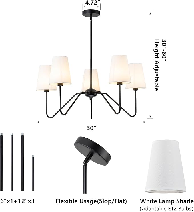 5 Light Modern Chandelier with White Shades, Elegant Pendant Light Fixture with Black Chandelier for Living Room, Dining Room, Bedroom, Hallway, Entryway, Height Adjustable