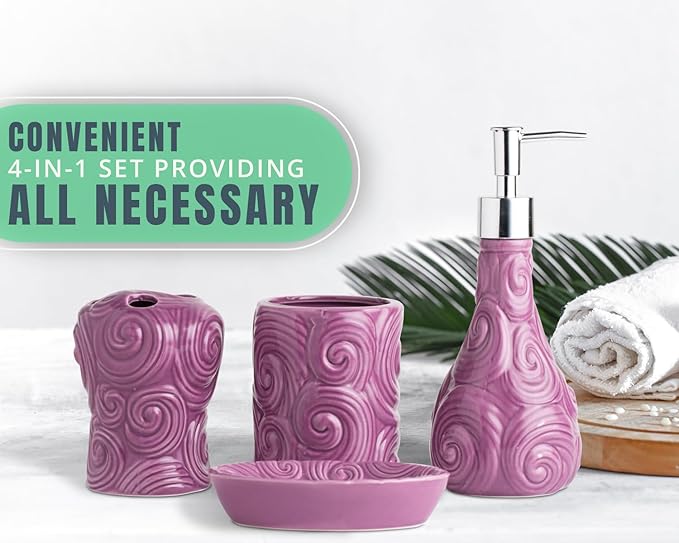 Comfify Designer 4 Piece Bathroom Accessories Set - with Soap or Lotion Dispenser, Toothbrush Holder, Tumbler and Soap Dish - Glossy Finish - Purple