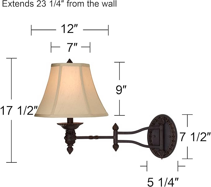 Barnes and Ivy Godia French Country Indoor Swing Arm Wall Lamp Bronze Plug-in Light Fixture Dimmable Beige Softback Bell Shade for Bedroom Bedside House Reading Living Room Home Hallway Dining