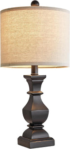 PoKat 20.5'' Bedside Table Lamp for Bedroom Nightstand - Farmhouse Lamp for Living Room, Black Night Stand Light Lamp with Round Linen Shade, Vintage Bedroom Lamp, Suitable for Small Place