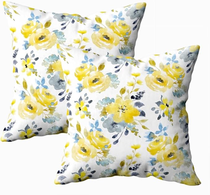 CAPSCEOLL 2PCS Yellow Flower Square Pillow Covers 16X16Inch Blue Autumn Botanical Black Blossom Bouquet Petal Romantic White Zipper Pillow Cases for Bedroom Sofa Living Room Holiday Pillow Covers