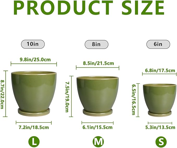 Ceramic Flower Pots - Modren Round 10 Inch 8 Inch 6 Inch Planters with Drainage Holes and Saucers, Plant Pots for Indoor Outdoor, Garden Decor, Housewarming Gifts, Set of 3, Green