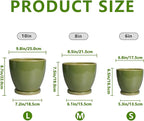 Ceramic Flower Pots - Modren Round 10 Inch 8 Inch 6 Inch Planters with Drainage Holes and Saucers, Plant Pots for Indoor Outdoor, Garden Decor, Housewarming Gifts, Set of 3, Green