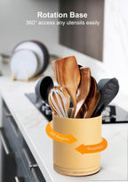 Nucookery 360°Rotating Utensil Holder, 7.2" Kitchen Utensil Crock, Ceramic Cooking Utensil Organizer with Countertop-Protection Cork Bottom for Farmhouse Kitchen Decor Christmas (Yellow Sand)