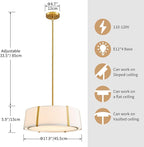 Shrine Lighting Drum Chandeliers, Modern Style, Drum Pendant Light for Living Space, D18'' x H6'', Adjustable Chains 39.4'', E12*4 Sockets, White Lampshade & Brass Finish