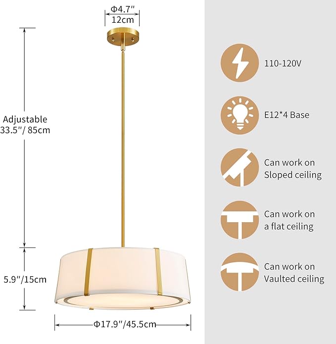 Shrine Lighting Drum Chandeliers, Modern Style, Drum Pendant Light for Living Space, D18'' x H6'', Adjustable Chains 39.4'', E12*4 Sockets, White Lampshade & Brass Finish