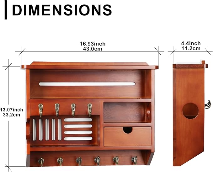 DOPACE Key Holder for Wall, Mail and Key Holder, Mail Organizer Wall Mount with Storage Drawer and 10 Hooks, Easy Installation Keys Holder on Wall, Auburn