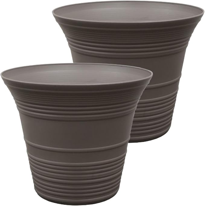 The HC Companies Sedona Round Self-Watering Pot - Lightweight Self Care Planter - Plastic Planter for Herbs & More - Durable Plant Pots for Indoor Plants & Outdoor Plants (12" Cappuccino, Pack of 2)
