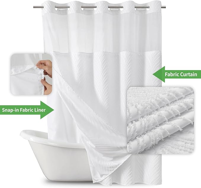 Extra Long No Hook Shower Curtain and Liner Set，Boho Style with See Through Top Window, White Fabric Tufted Striped Textured Outer Curtain with Snap in Liner, White, 71Wx86H