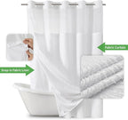 Extra Long No Hook Shower Curtain and Liner Set，Boho Style with See Through Top Window, Tufted Striped Textured Outer Curtain & Waterproof Inner Liner for Bathroom, White, 71Wx98H