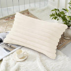 decorUhome Faux Fur Christmas Throw Pillow Covers 12x20 Set of 2, Decorative Soft Plush Striped Neutral Couch Euro Pillow Covers with Velvet Back for Sofa, Bed, Living Room Home Decor, Cream White