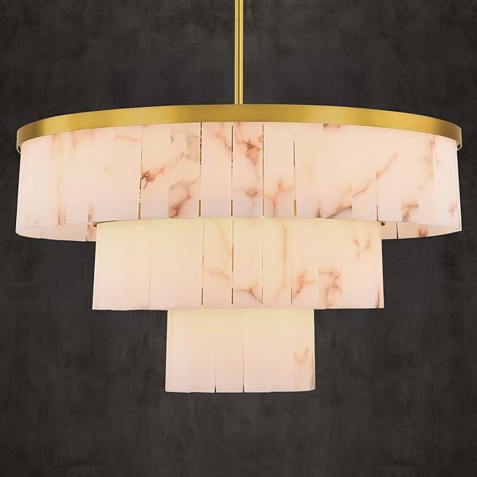 D34in Alabaster Round Chandelier, 3 Tiers Modern Marble Dining Room Chandeliers, Spanish Natural Alabaster Chandeliers, Alabaster Pendant Light Fixture, for Bedroom Entryway Foyer, Living Room