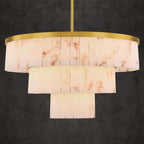 D34in Alabaster Round Chandelier, 3 Tiers Modern Marble Dining Room Chandeliers, Spanish Natural Alabaster Chandeliers, Alabaster Pendant Light Fixture, for Bedroom Entryway Foyer, Living Room