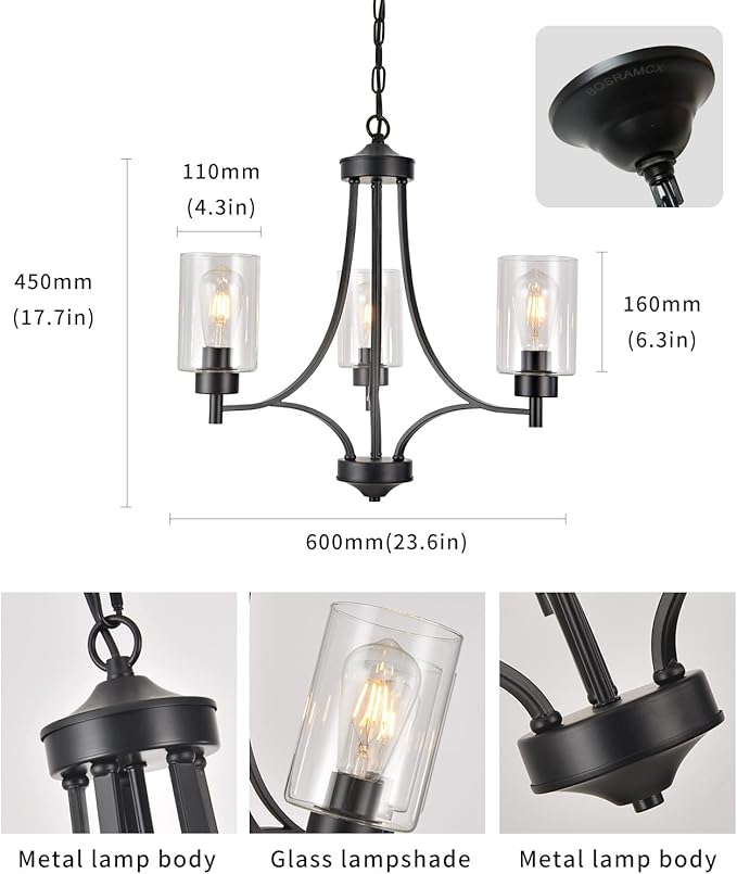 3 Lights Black Traditional Chandelier Rustic Kitchen Island Lighting Fixtures Hanging Clear Glass Cylinder Pendant Lights Classic Ceiling Light for Dining Room Bedroom Foyer