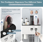 Toothbrush Holders Wall Mounted, Toothbrush Holder with Automatic Toothpaste Dispensers, 6 Brush Slots, 2 Magnetic Cups,1 Cosmetic Drawer Organizer and 1 Large Storage Tray