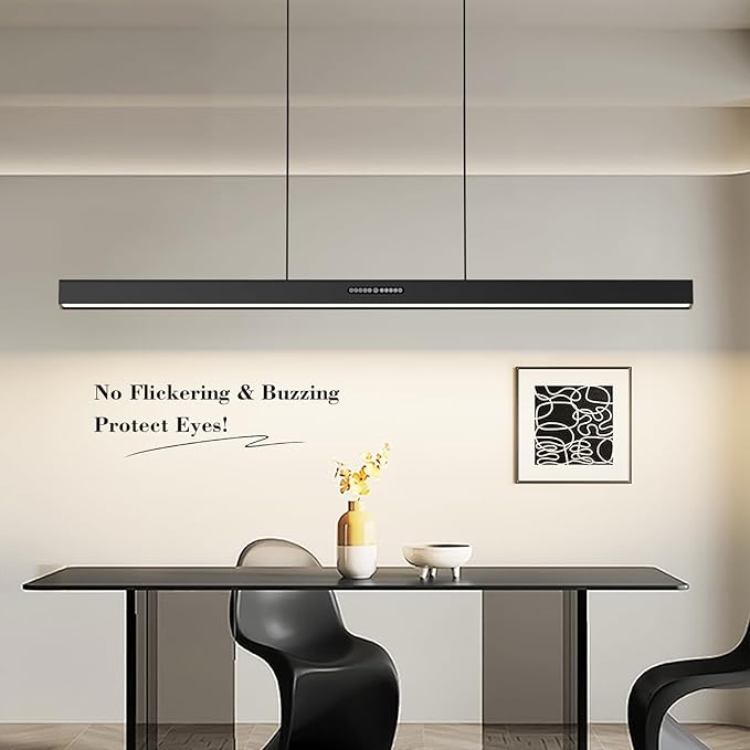 44.5" Dimmable LED Linear Kitchen Island Pendant Light Fixtures with Memory Function, 30W Modern Touch Control Chandelier, Adjustable Color Temperature, Dining Room Light Fixture for Office Bar, Black