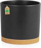 10 Inch Large Deep Plant Pots for Indoor Outdoor, Tall Cylinder Flower Pots with Drainage Holes & Saucer, Big Plastic Planter Pots for Garden House Plants, Black with Brown
