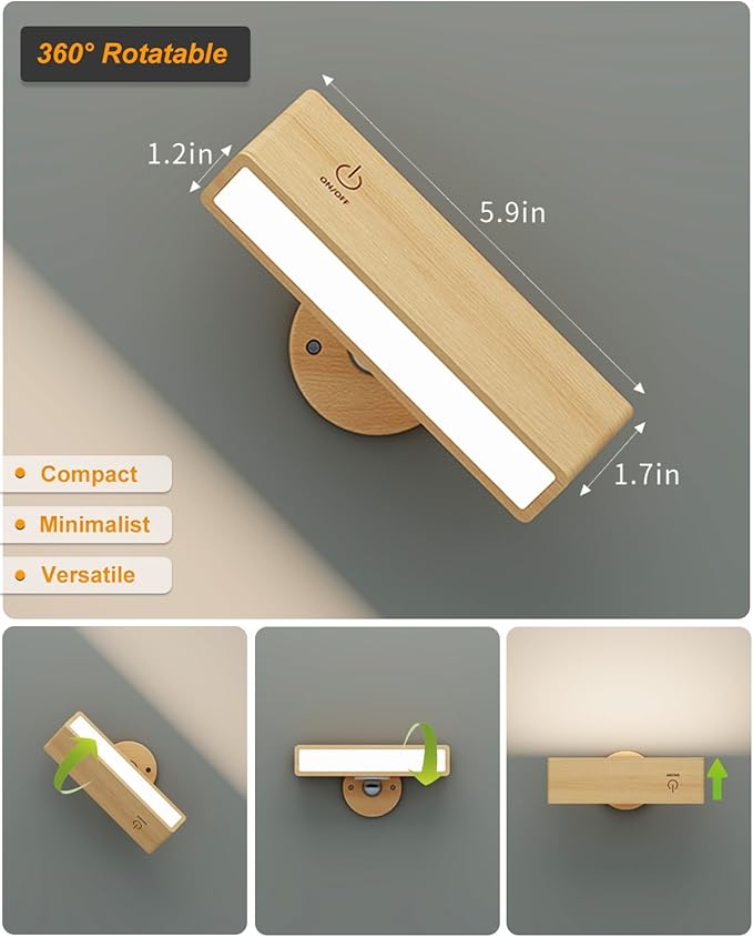 Wall Sconces Rechargeable Wall Lights with 360 Rotation,Dimmable Battery Operated Wall Sconce,Magnetic Wall Light for Bedroom,Wireless Wall Mount Light (Beech Wood, 2Pack-Remote Control)