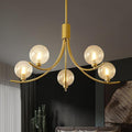 Gold Modern Chandelier with 5 Glass Globe Bulbs -Adjustable Height & Colour Temperature, Gilded lamp Post, Elegant Lighting for Living Room, Bedroom or Study