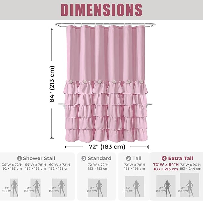 Seasonwood Pink Ruffle Shower Curtain - Girly Cute Button Farmhouse Style Fabric Blush Shower Curtain for Bathroom